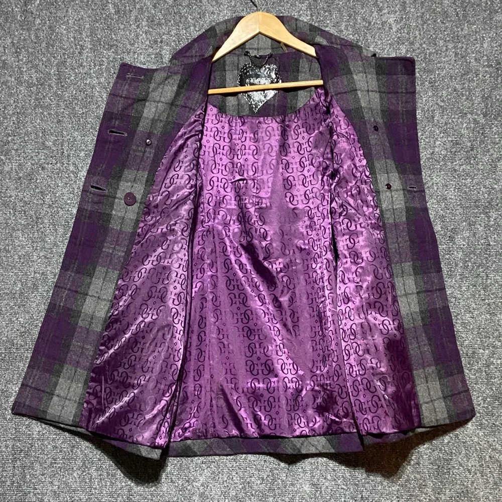Guess Womens Y2K Purple Plaid Wool Blend Double Breasted Peacoat Jacket Size M